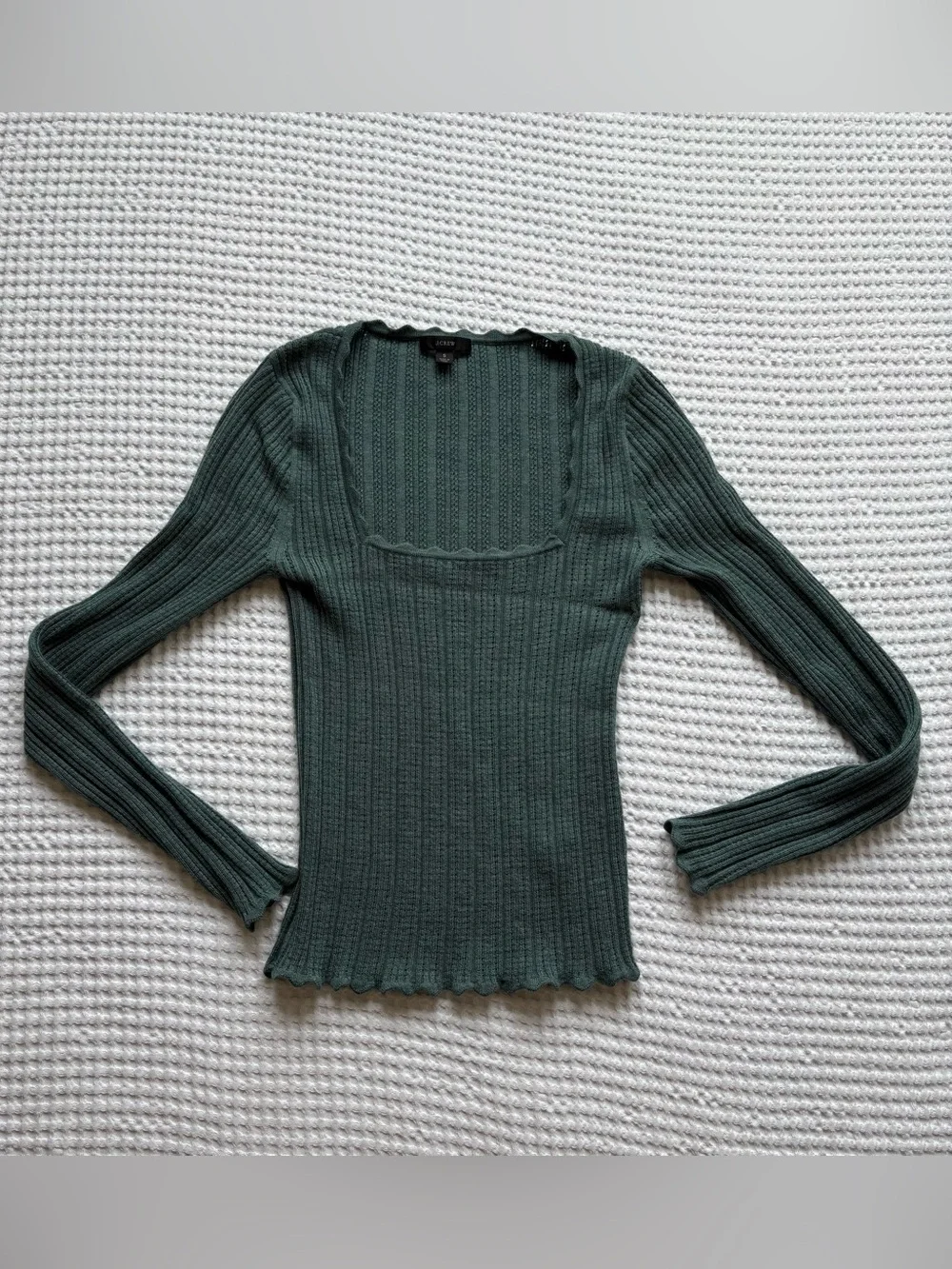 J.Crew Green Scalloped Squareneck Pointelle Merino Wool Sweater Size S
